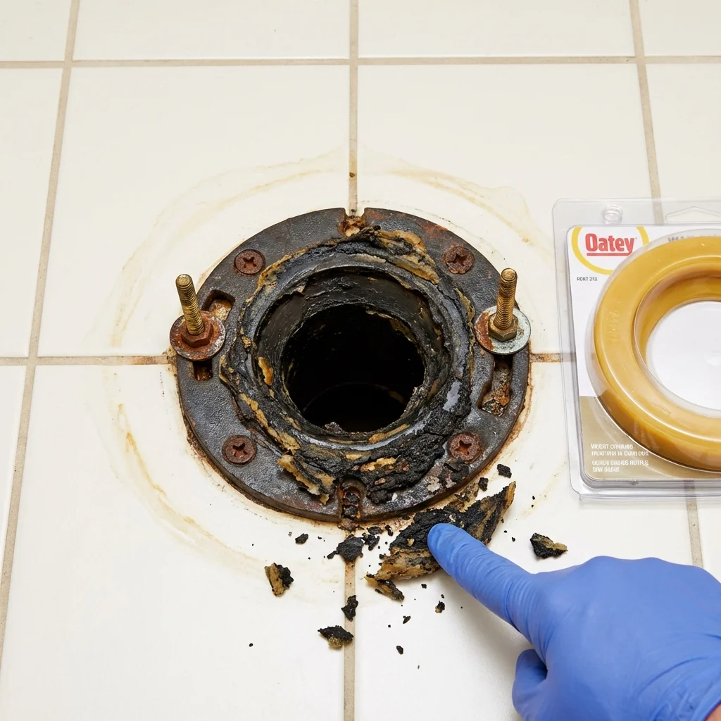 Failed wax ring showing water seepage at the base of a toilet in a Linden, TX home