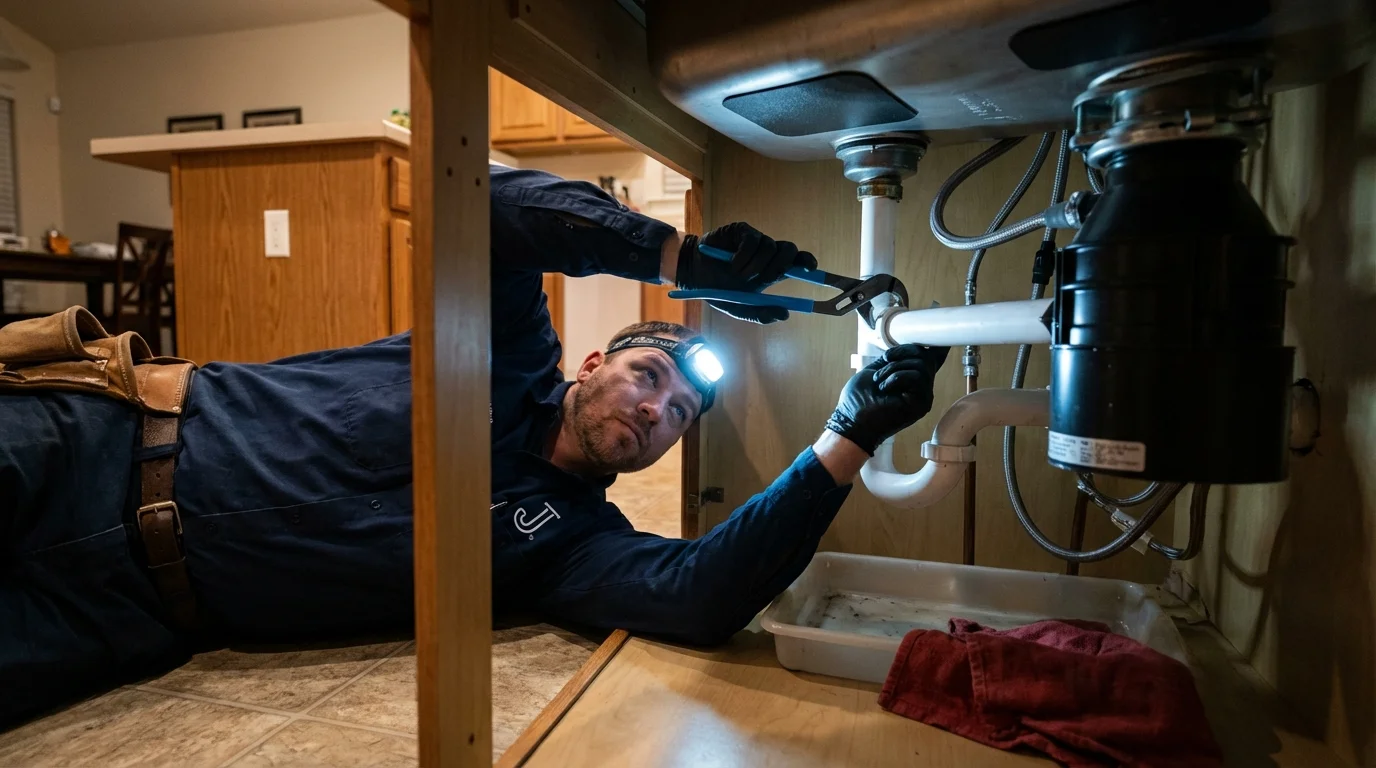 P-trap and supply line connections under a kitchen sink showing a common leak point in Linden, TX